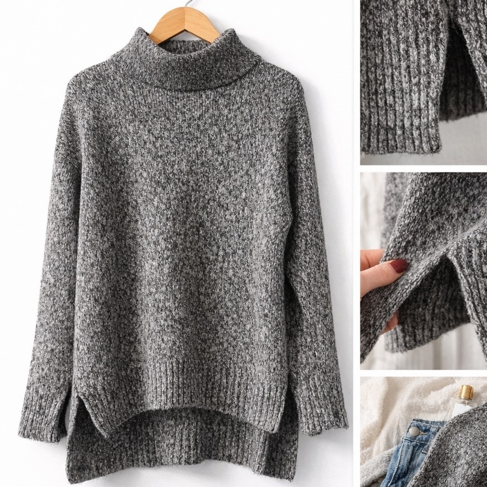 Anthropologie Marled Mock Neck Tunic Sweater High Low Chunky Knit Cozy Preppy, S